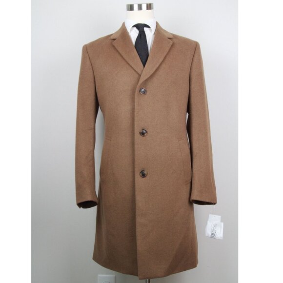 Nautica Mens Classic fit Overcoat Coat 42L Wool Beige Camel Solid E05718